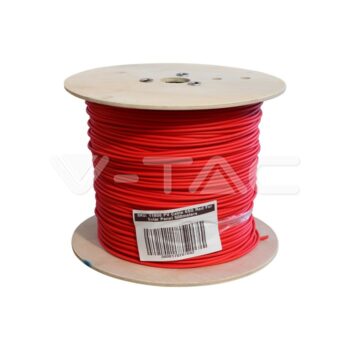 O bobină de fir electric roșu pe o bobină de lemn cu o etichetă cu cod de bare, ideală pentru utilizarea în sistemele invertoare Huawei.