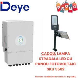 Aruncă o privire la imaginea cu remarcabilul Invertor 12kW Trifazat Hibrid Deye SUN-12K-SG04LP3-EU IP65, care vine cu o lampă LED stradală alimentată de un panou solar. Asigurați-vă că consultați oferta promoțională specială pentru SKU 5502.