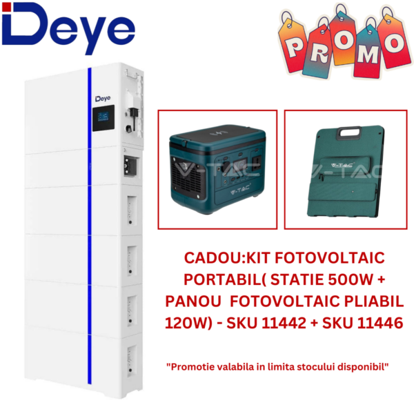 Explorați oferta noastră exclusivă cu sistemul de stocare al energiei iDeye alb: un kit fotovoltaic portabil cu articolele SKU 11442 și SKU 11446. Pentru o eficiență energetică de neegalat, faceți upgrade la Sistem All-In-One Deye, care include un invertor Trifazat de 12 kWh și o capacitate de stocare de 20 kWh. .