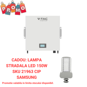 Promoție cu un Acumulator V-TAC de 5,12 kWh cu o lampă stradală LED de 150 W gratuită. Textul arată SKU 21963 CIP SAMSUNG. Promoție în funcție de disponibilitate.