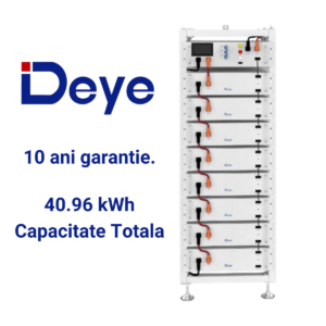 Acumulatorul High Voltage DEYE BOS-G 40.96kWh, cu compartimente multiple și evidențiat prin textul „10 ani garantie” și „40.96 kWh Capacitate Totala,” este ideal pentru integrarea cu sistemele invertoare, oferind stocare fiabilă pentru diverse nevoi energetice.