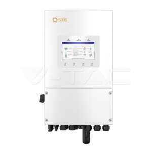 Un invertor Solis Hibrid 6kWh S6-EH1P6K-L-PLUS Monofazat alb, echipat cu un afișaj digital și conectori de intrare multiple în partea de jos.