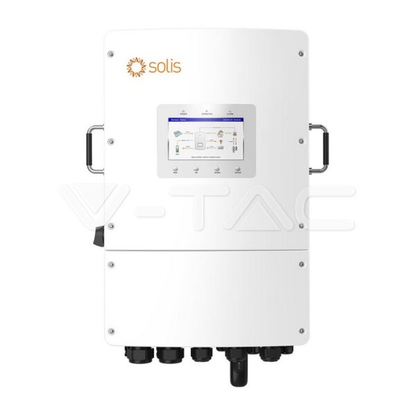 Invertor hibrid Solis alb 12kWh S6-EH3P12K02-NV-YD-L Trifazat de joasă tensiune, cu un afișaj digital și mai multe porturi în partea de jos.