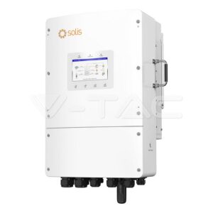 Un invertor alb Solis Hibrid 15kWh S6-EH3P15K02-NV-YD-L Trifazat Low Voltage, cu un afișaj digital și mai multe porturi de conectare în partea de jos.