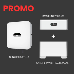 Imagine promoțională a KIT Invertor Huawei MONOFAZAT SUN2000-5KTL-L1 împreună cu bateria LUNA 2000 5kWh și componentele BMS LUNA 2000.