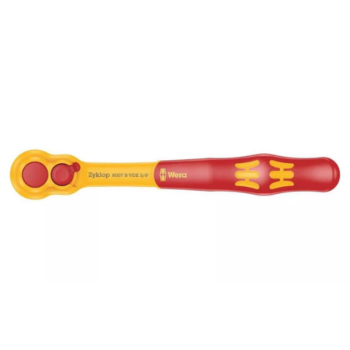 Cheie cu clichet Wera 8007 B VDE Zyklop roșu și galben cu mâner ergonomic de 3/8" și mecanism de blocare, pentru utilizare cu unelte izolate, de 222 mm.