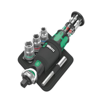 Setul 8009 Zyklop Pocket Imperial 2 include o șurubelniță cu clichet, accesorii pentru priză și diverse biți pe o tavă neagră, cuprinzând 18 piese.