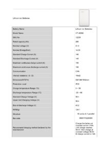 Fișa cu specificații tehnice pentru acumulatorul litiu-ion Acumulator V-TAC 14,33 kWh, evidențiind dimensiunile, intervalul de temperatură, tensiunea, capacitatea și metodele de încărcare recomandate. Acest model oferă protecție IP20, acceptă 6.000 de cicluri de încărcare, include o garanție de 10 ani și oferă funcționare la tensiune joasă.