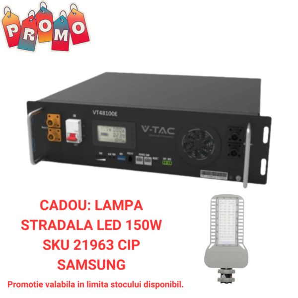 Produs: Acumulator V-TAC 5.12 kWh, Montaj in Rack, IP20, 51.2V, 6000 Cicluri (Model VT48100E) este disponibil cu o oferta promotionala pentru un iluminator LED de 150W cu cip Samsung (SKU 21963). Se aplică termenii promoționali.