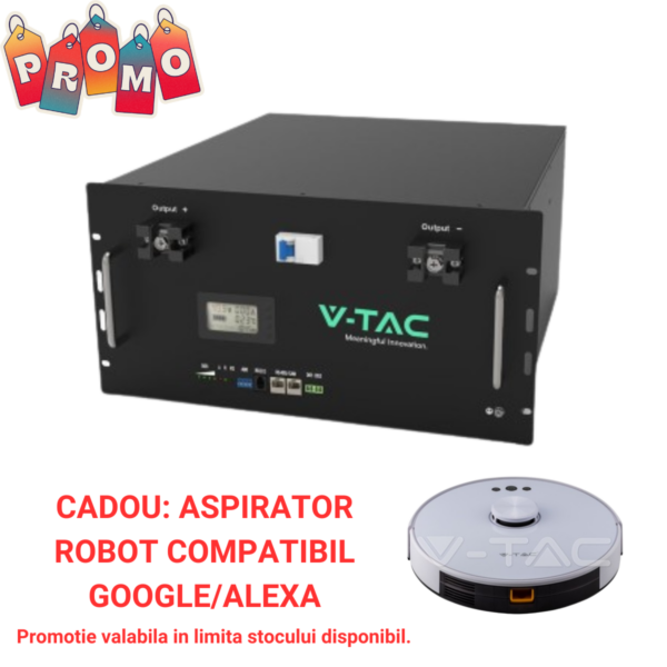 Imaginea unui Acumulator V-TAC 5.12 kWh, Montaj in Rack, IP20, 51.2V, 6000 Cicluri cu etichete promotionale si robot aspirator. Textul în limba română evidențiază o ofertă de cadou și disponibilitate limitată.