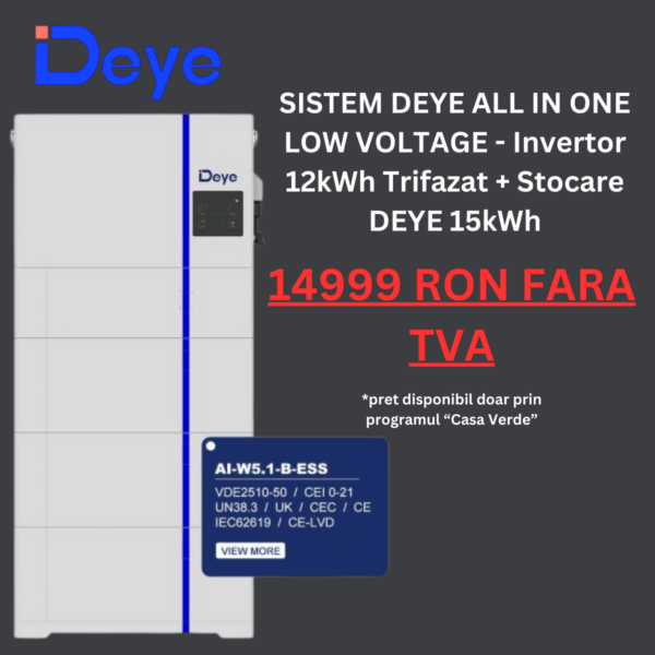 Sistem All-In-One Deye - Invertor 12kWh Trifazat + Stocare 15kWh (DISPONIBIL DOAR PRIN CASA VERDE)