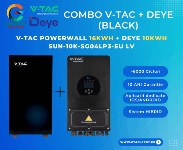 COMBO BLACK INVERTOR DEYE 10kWH HIBRID TRIFAZAT SUN-10K-SG04LP3-EU + ACUMULATOR V-TAC POWERWALL 16kWH