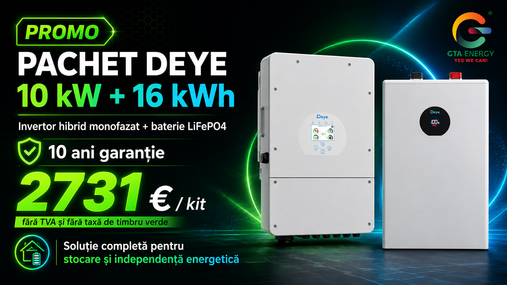 Promo pachet Deye: invertor hibrid monofazat 10 kW și baterie LiFePO4 16 kWh, 2731 euro fără TVA