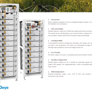 Două module de baterie stivuite Acumulator HV Deye BOS-GM5.1 înalte și albe, fiecare echipat cu mânere galbene și tehnologie avansată, oferă caracteristici precum siguranță, inteligență, eco-compatibilitate, opțiuni flexibile de configurare și o gamă largă de temperatură.