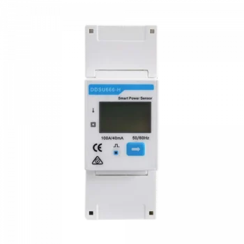 Smart Meter DDSU666-H, Monofazat este un senzor digital inteligent de putere cu ecran de afișare și compatibilitate cu sistemele invertoare Deye. Are specificații de 100A/40mA și 50/60Hz, toate proiectate elegant în alb cu accente albastre.