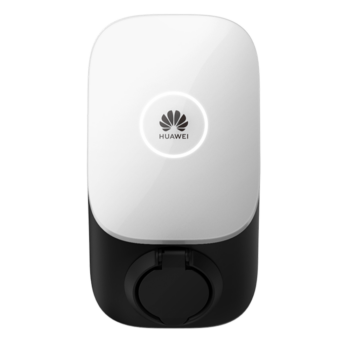 Experimentați designul elegant al stației de încărcare pentru vehicule electrice HUAWEI, 7,4 kW, 7KS-S0, 32A, monofazată, cu o emblemă circulară în centru și o capacitate de invertor pentru performanțe superioare.
